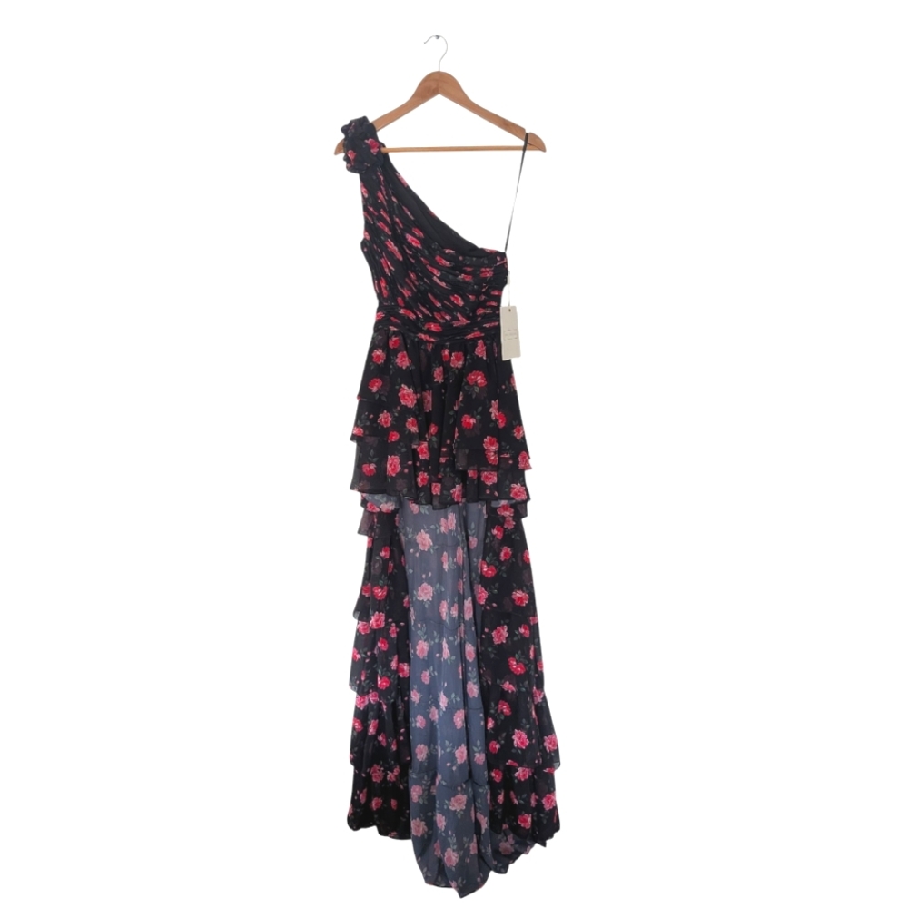 NWT! Mac Duggal Black One Shoulder Ruffled Rose Print Layered High-Low Dress - Picture 3 of 12